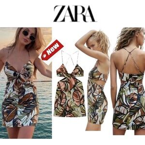 Zara Green brown tropical leaf print cut out spaghetti strap short mini dress S